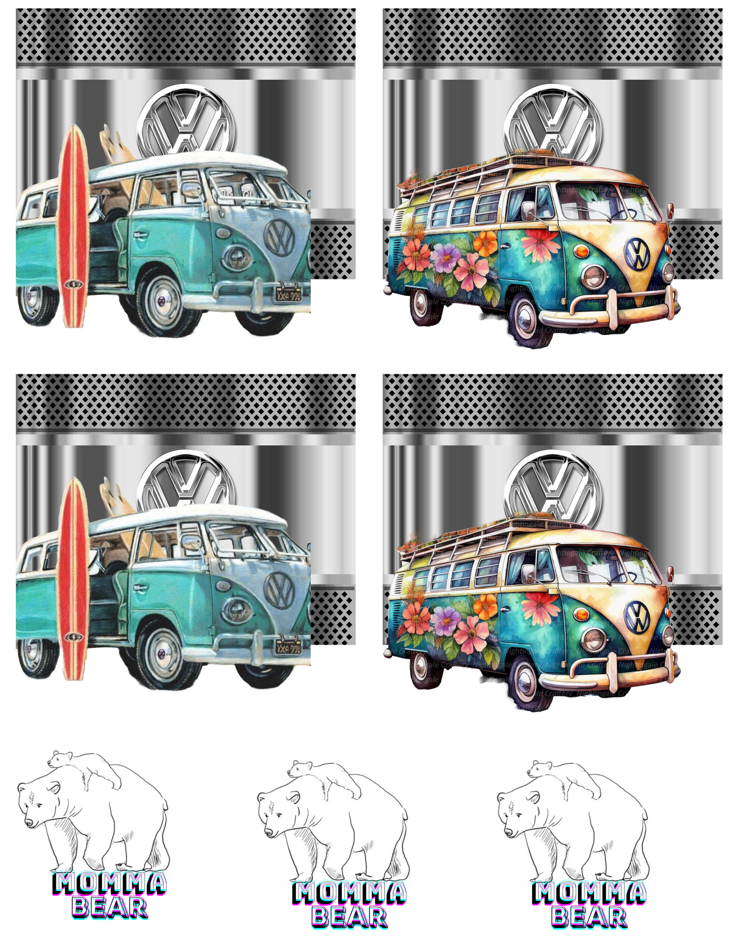 Volkswagen van with emblem in the background and momma bear stickers or car decal. $6.00 sheet or $0.86 each